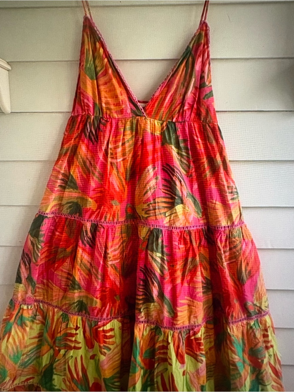 FARM Rio Pink, Green & Orange Tropical Tiered Maxi Dress